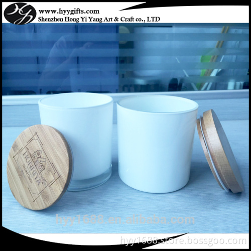 large white glass candle jars with wooden lids for 2 wick candles